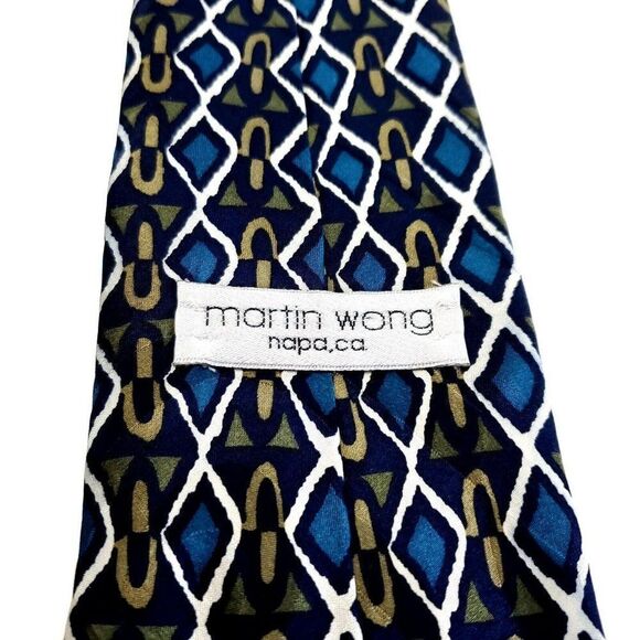Martin Wong Green Teal Abstract Print Geometric Short Wide Silk Tie - Picture 3 of 6